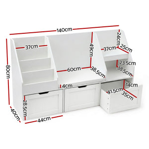 Kids Storage Bench | Bookshelf + Toy Box | Drawer + Seat Cabinet | White