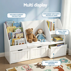 Kids Storage Bench | Bookshelf + Toy Box | Drawer + Seat Cabinet | White