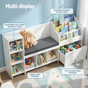 Kids Storage Unit | Bench Seat + Bookshelf + Toy Box | 170cm | White