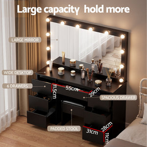 Makeup Vanity Set | 12 LED Bulbs | Stool Included | Black