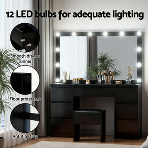 Makeup Vanity Set | 12 LED Bulbs | Stool Included | Black