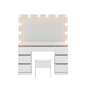 Dressing Table Set | Vanity Desk with Stool & 12 LED Bulbs | White Finish