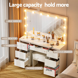 Dressing Table Set | Vanity Desk with Stool & 12 LED Bulbs | White Finish