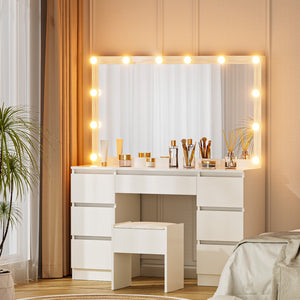 Dressing Table Set | Vanity Desk with Stool & 12 LED Bulbs | White Finish