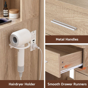 Dressing Table Set | LED Vanity Desk with Stool & Charging Station | Wood Look