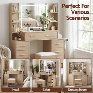 Dressing Table Set | LED Vanity Desk with Stool & Charging Station | Wood Look