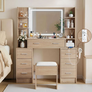 Dressing Table Set | LED Vanity Desk with Stool & Charging Station | Wood Look