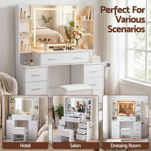 Dressing Table Set | LED Vanity Desk with Stool & Charging Station | White