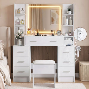 Artiss Dressing Table Vanity Desk Set Stool LED Charging Station White