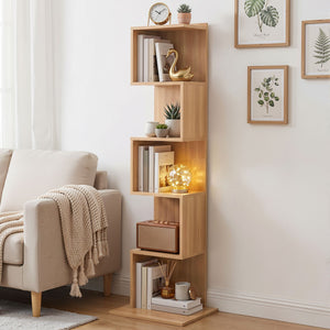S-Shaped Bookshelf | 5-Tier Display Bookcase | Oak