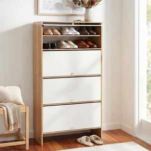Narrow Shoe Cabinet | Adjustable Shelves & Flip-Up Door | White & Pine