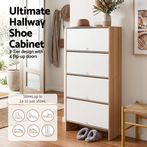 Narrow Shoe Cabinet | Adjustable Shelves & Flip-Up Door | White & Pine