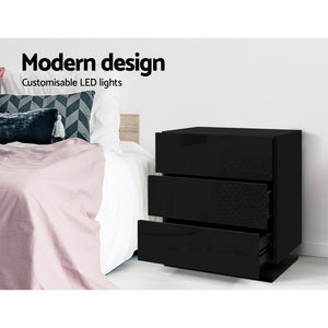 Bedside Tables Set 2pc | LED Light | 3 Drawers | MORI | Black