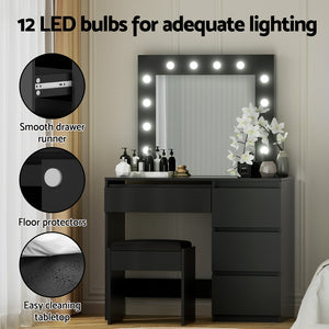 Dressing Table Set | Makeup Vanity with Stool & 12 LED Bulbs | Black Finish