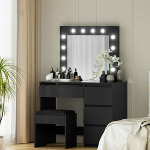 Dressing Table Set | Makeup Vanity with Stool & 12 LED Bulbs | Black Finish