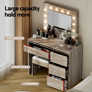 Dressing Table Set | Makeup Vanity with Stool & 12 LED Bulbs | Wooden Finish