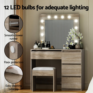 Dressing Table Set | Makeup Vanity with Stool & 12 LED Bulbs | Wooden Finish