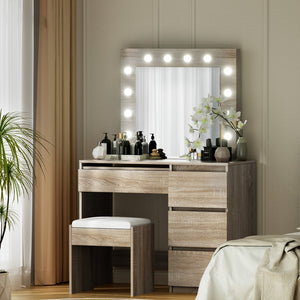 Dressing Table Set | Makeup Vanity with Stool & 12 LED Bulbs | Wooden Finish