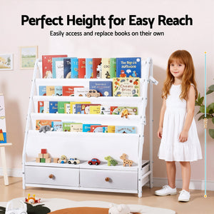 Kids Bookshelf | Metal Storage Rack | Toy Display Shelf | Drawer | White