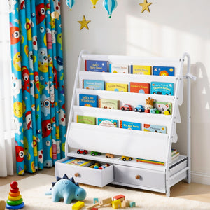 Kids Bookshelf | Metal Storage Rack | Toy Display Shelf | Drawer | White