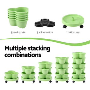 Green Fingers 5 Tier Vertical Garden Planter, Stackable Planters with Wheels, Light Green, Garden Bed, Garden Tower Indoor Outdoor, Auto Drainage System, for Strawberries, Herbs, Flowers, Vegetables