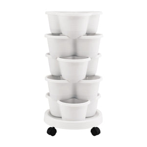 Green Fingers 5 Tier Vertical Garden Planter, Stackable Planters with Wheels, White, Garden Bed, Garden Tower Indoor Outdoor, Auto Drainage System, for Strawberries, Herbs, Flowers, Vegetables