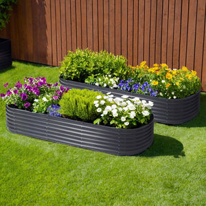 2x Raised Green Fingers Garden Bed | 240x80x42cm | Oval Planter Box Container | Galvanised