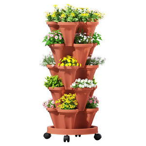 Vertical Garden | 5-Tier Raised Planter Bed | Brick Red Stackable Pots for Herbs & Flowers