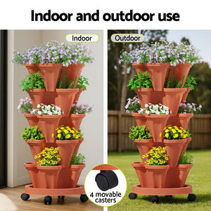 Vertical Garden | 5-Tier Raised Planter Bed | Brick Red Stackable Pots for Herbs & Flowers