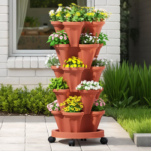 Vertical Garden | 5-Tier Raised Planter Bed | Brick Red Stackable Pots for Herbs & Flowers