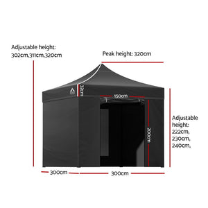 Gazebo Pop Up Marquee | 3x3m | Folding Tent | Wedding Gazebos | 500D | Black