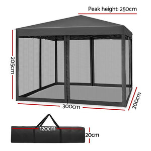Gazebo Pop Up Marquee | 3x3m | Wedding Party | Outdoor Camping Tent | Canopy Shade | Mesh Wall | Grey