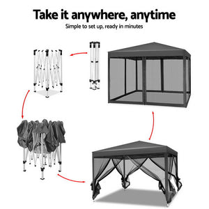 Gazebo Pop Up Marquee | 3x3m | Wedding Party | Outdoor Camping Tent | Canopy Shade | Mesh Wall | Grey