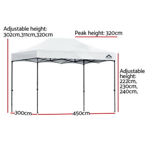 Gazebo Pop Up | 3x4.5m | w/Base Podx4 | Marquee Folding Outdoor Wedding Camping Tent | Shade Canopy | White