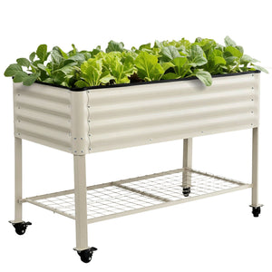 Green Fingers Mobile Raised Garden Bed With Wheels Storage Shelf 81cm Height for Vegetables Herb White