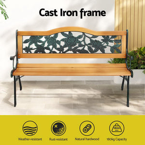 Outdoor Garden Bench Seat | 126cm | Wooden Cast Iron | 3 Seater | Patio Furniture