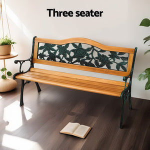 Outdoor Garden Bench Seat | 126cm | Wooden Cast Iron | 3 Seater | Patio Furniture