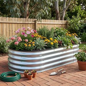 Green Fingers Raised Garden Bed Galvanised Oval Metal Planter Box Large Outdoor 120x60x30cm Silver