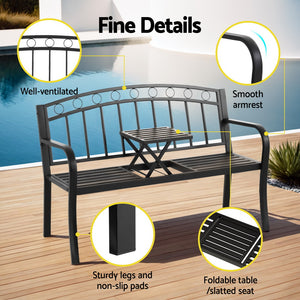 Outdoor Garden Bench Seat | Loveseat | Steel Foldable Table | Black