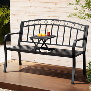 Outdoor Garden Bench Seat | Loveseat | Steel Foldable Table | Black