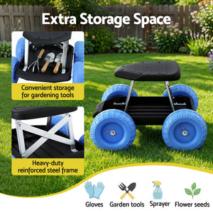 Rolling Garden Seat | 200kg Capacity | Tool Tray Storage | Blue/Black