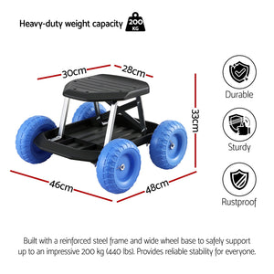 Rolling Garden Seat | 200kg Capacity | Tool Tray Storage | Blue/Black