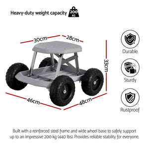 Garden Work Stool on Wheels | 200kg Capacity | Tool Tray | Grey/Black