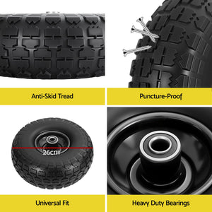 Solid Rubber Tyre & Wheel Set 2pc | 4.10/3.50-4 | 26cm | Flat Free | 5/8" Bore | Double Sealed Bearings (Set 2)