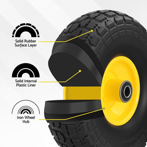Flat-Free Wheelbarrow Tyres Set 2pc | 4.10/3.50-4 | 26cm Solid Rubber | 5/8" Axle Bore | Sealed Bearings (Set 1)
