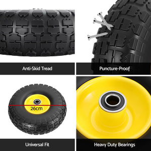 Flat-Free Wheelbarrow Tyres Set 2pc | 4.10/3.50-4 | 26cm Solid Rubber | 5/8" Axle Bore | Sealed Bearings (Set 1)