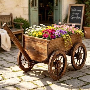 Wooden Planter Cart | XL Fir Wood Flower Wagon with Wheels