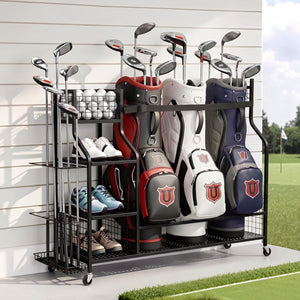 Golf Bag Storage Rack | 3 Bag Garage Organiser with Wheels | Black