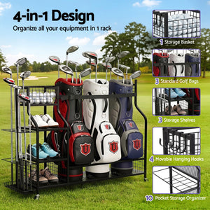 Golf Bag Storage Rack | 3 Bag Garage Organiser with Wheels | Black