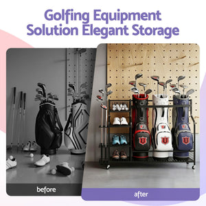 Golf Bag Storage Rack | 3 Bag Garage Organiser with Wheels | Black